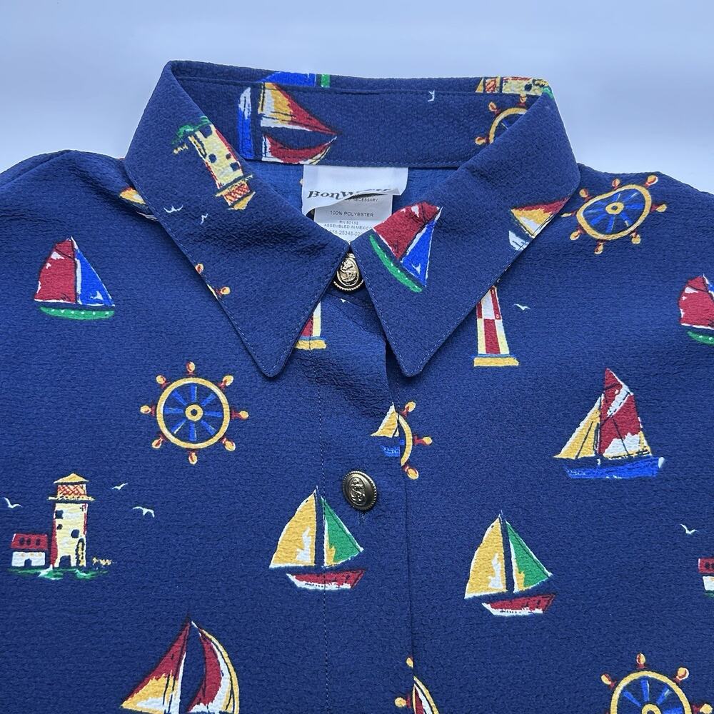 Vintage BonWorth Shirt Size Small Blue Nautical core Lighthouse Gold Buttons